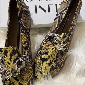 Donald J. Pliner Yellow and Brown Snake Print Loafers with Silver Chain